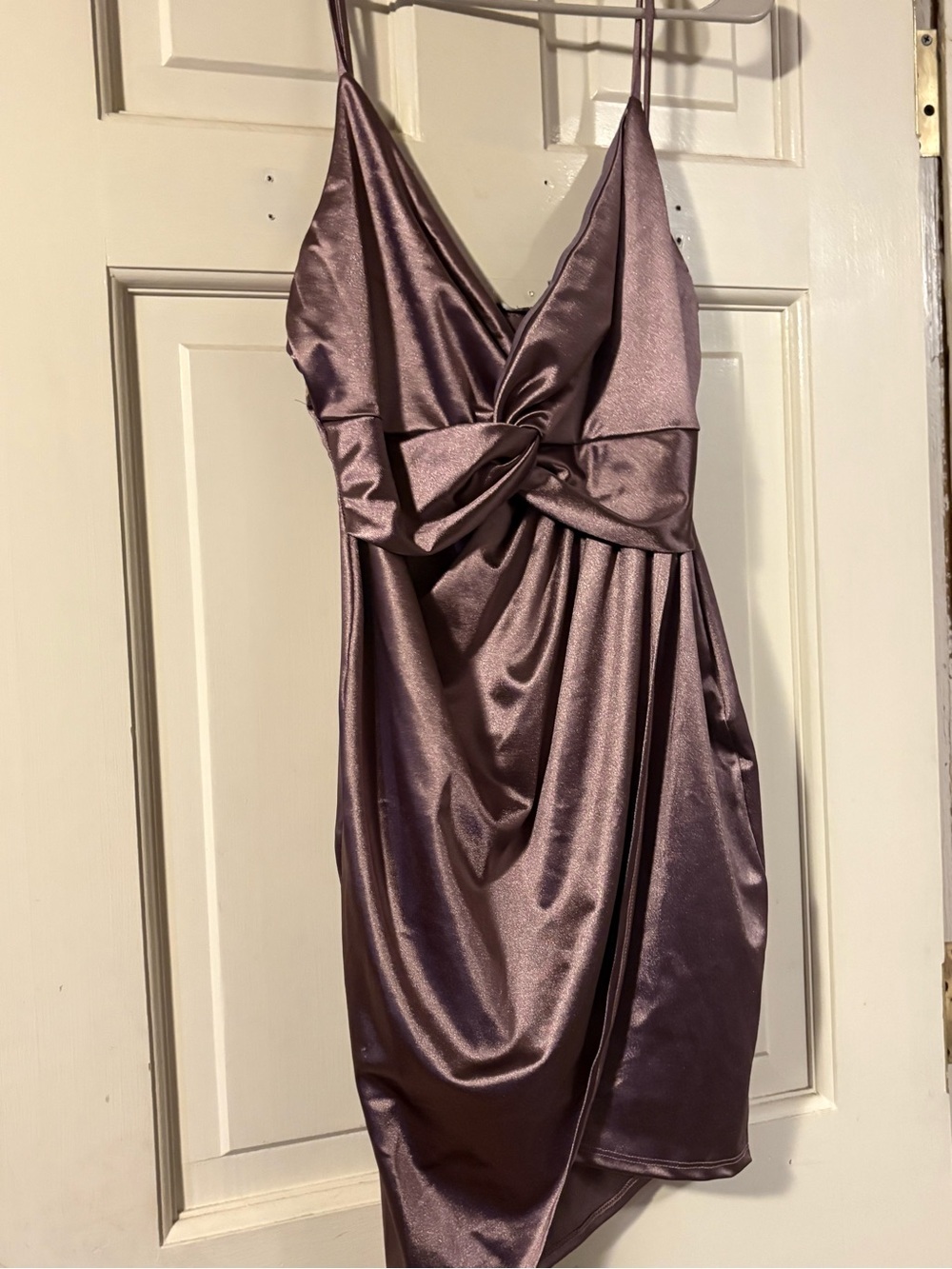 Fashion Nova Satin Twist-Front Mini Dress in Mauve Purple